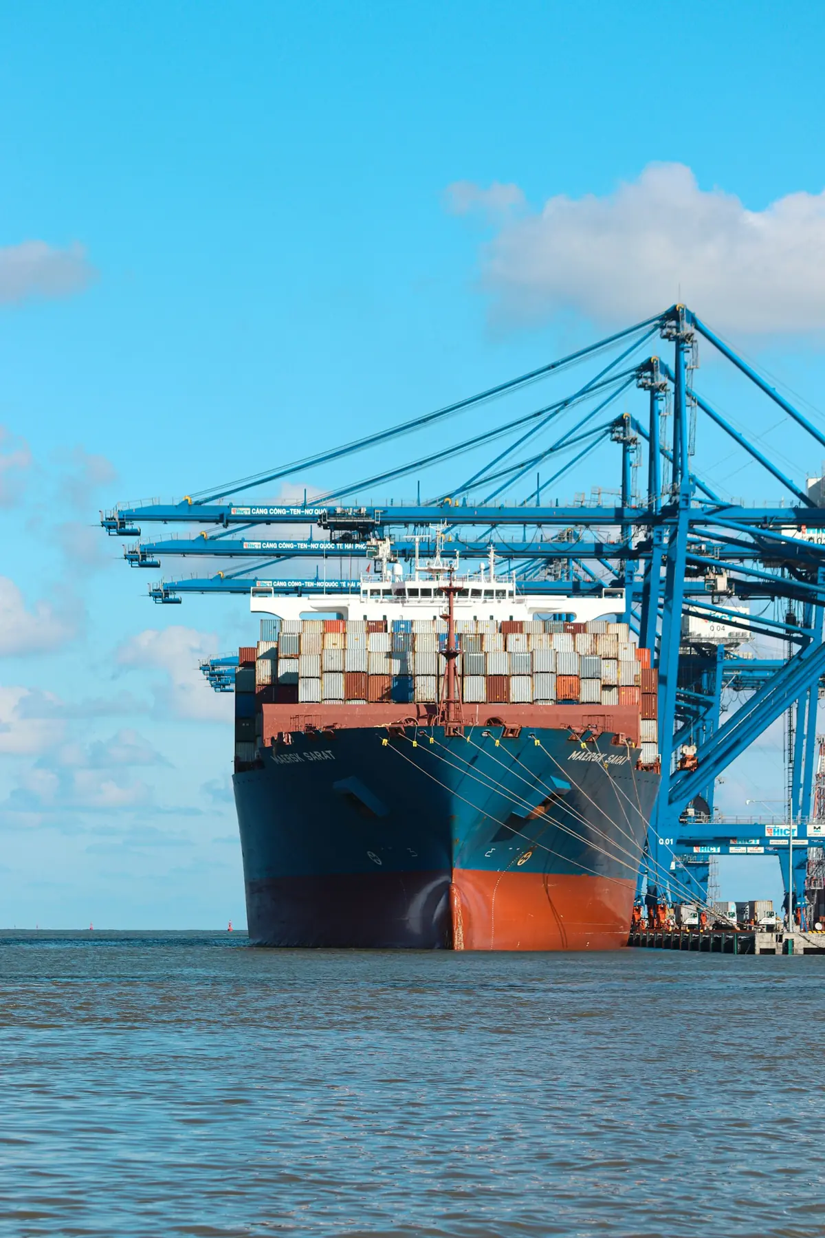 Container ship under the cranes