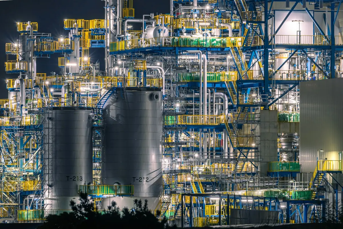 Refinery lit up at night